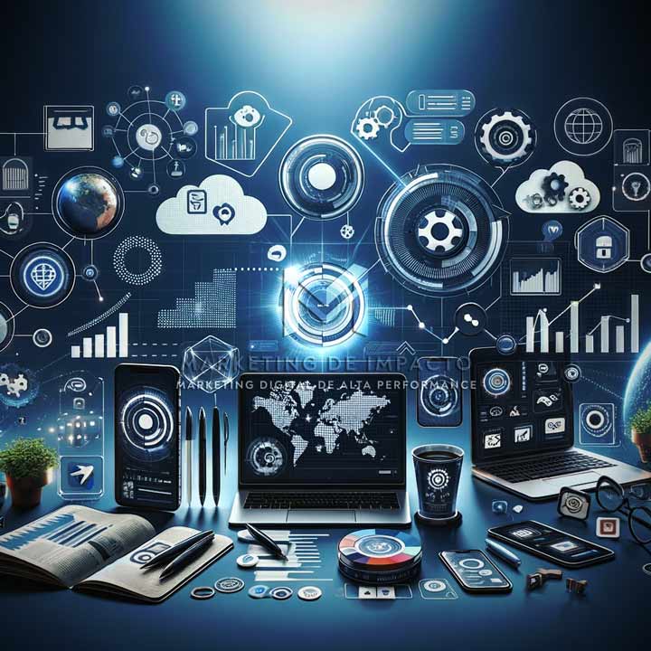 2024: Descubra as Estratégias Digitais Para Negócios que Estão Revolucionando o Empreendedorismo 8 Elementos de marketing digital como ícones de mídia social, gráficos analíticos e dispositivos ilustram conteúdo de marketing perfeitamente alinhado às modernas estratégias digitais para negócios.